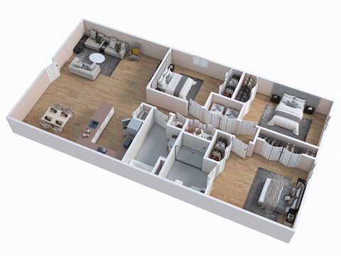 a 3d floor plan of a house with a bedroom and living room